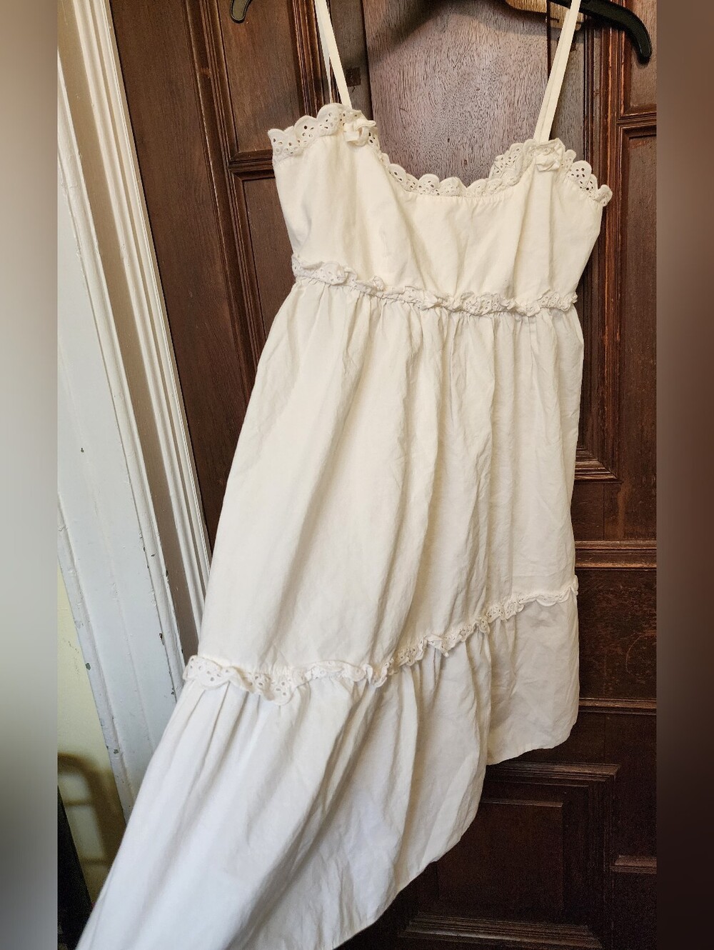 Vntg-Moschino Mare Tiered Cotton Eyelet Milkmaid Ruffle Dress Y2K Italy-Size 40
